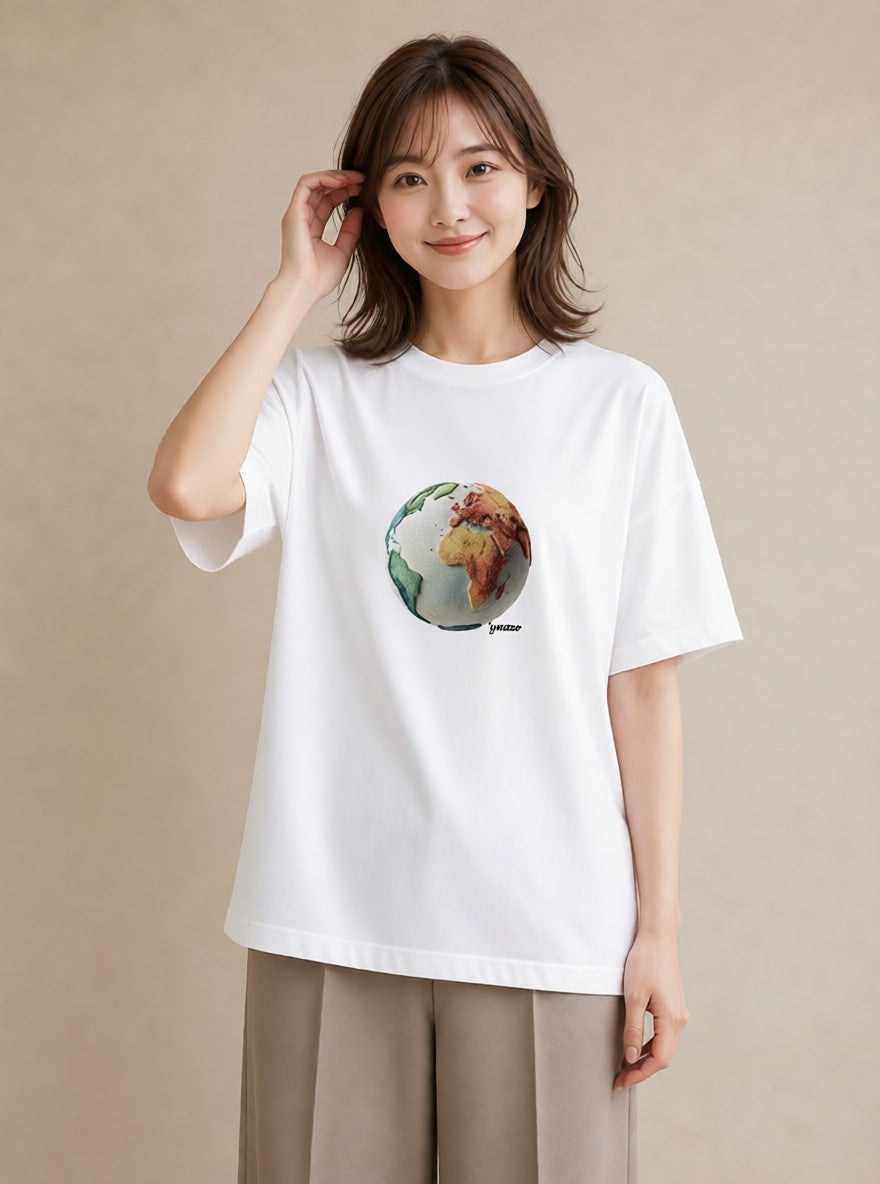 半袖Tシャツ レディース 地球 星空 宇宙 イラスト 北欧風 誕生日プレゼント 綿100 白T