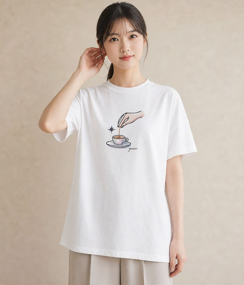 プリントTシャツ レディース コーヒー カフェ 珈琲 イラスト 北欧風 普段着 週末コーデ 白T
