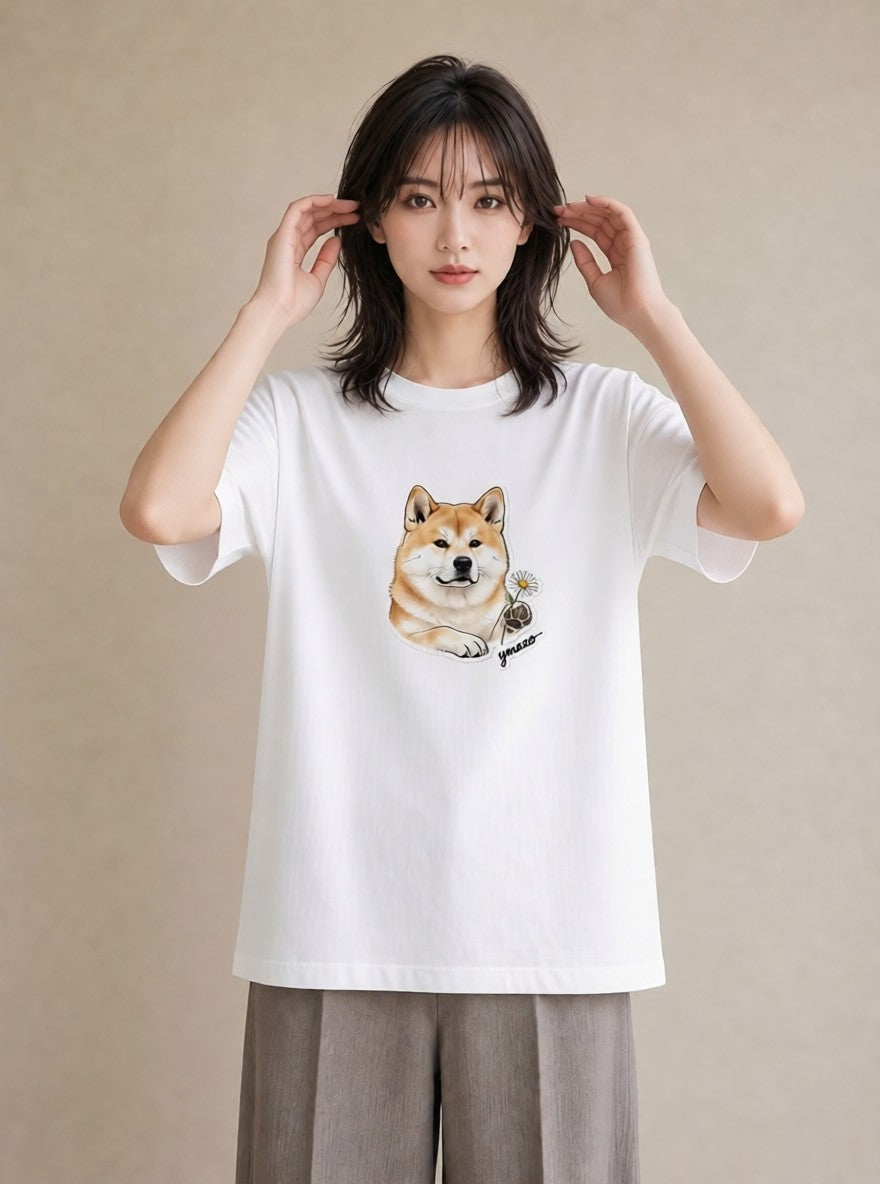 半袖Tシャツ レディース 秋田犬 犬 いぬ イラスト 可愛い 春服 ミセス 白T