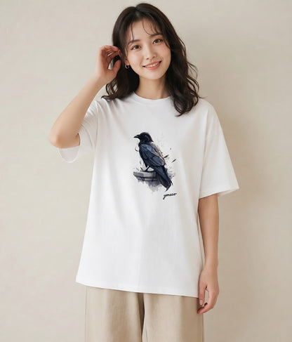 Tシャツ レディース 九官鳥 ペット 動物 イラスト シンプル 旅行 母娘コーデ 白T