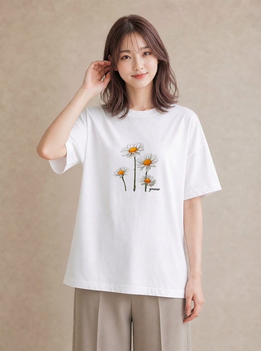 グラフィックTシャツ レディース デイジー 花 花柄 イラスト きれいめ 誕生日プレゼント 綿100 白T