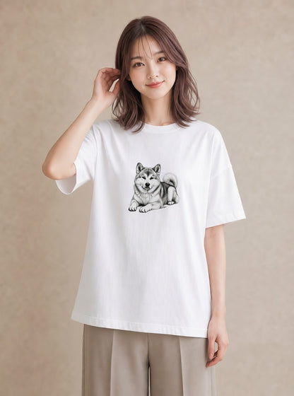 デザインTシャツ レディース 秋田犬 犬 いぬ イラスト フェミニン ミセス 春コーデ 白T