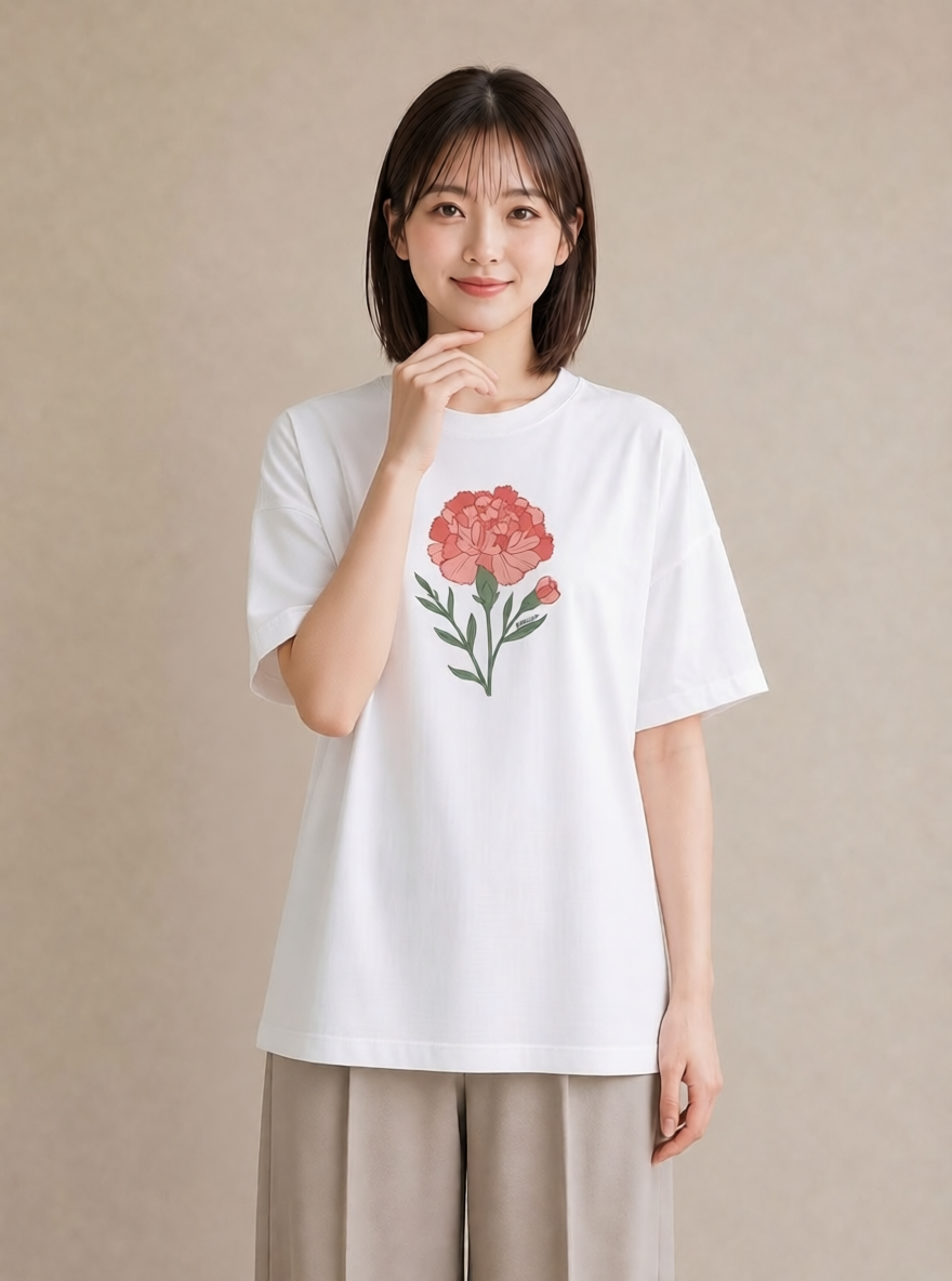 プリントTシャツ レディース カーネーション 花 花柄 イラスト 線画 通勤 在宅 白T