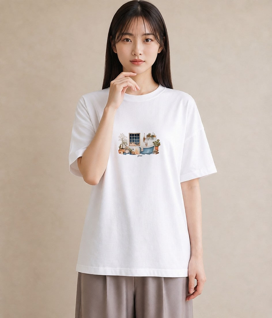 プリントTシャツ レディース 窓辺の雨 雨の日 窓 ナチュラル アンティーク イラスト お洒落 秋コーデ おしゃれギフト 白T