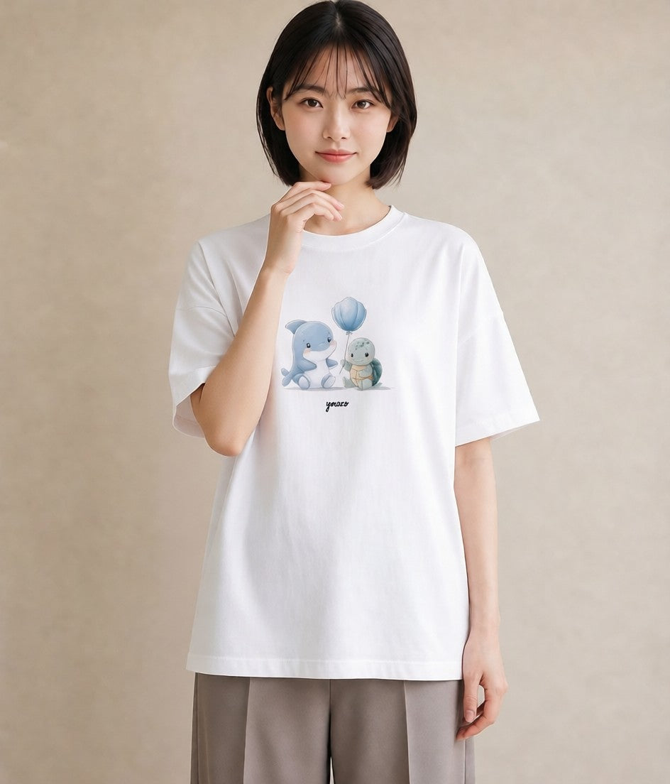 Tシャツ レディース イルカ 海の生き物 海 イラスト フェミニン 部屋着 女性向けギフト 白T