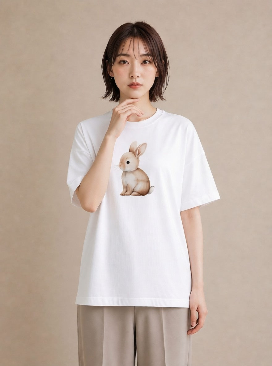 Tシャツ レディース ウサギ系野生 動物 アニマル イラスト きれいめカジュアル ホワイトデー 春服 白T