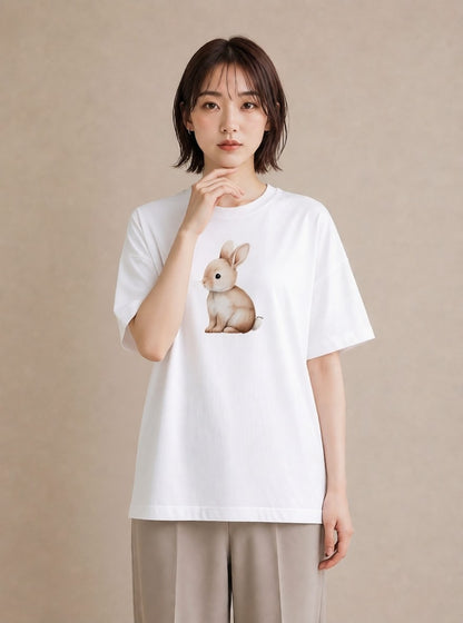 Tシャツ レディース ウサギ系野生 動物 アニマル イラスト きれいめカジュアル ホワイトデー 春服 白T