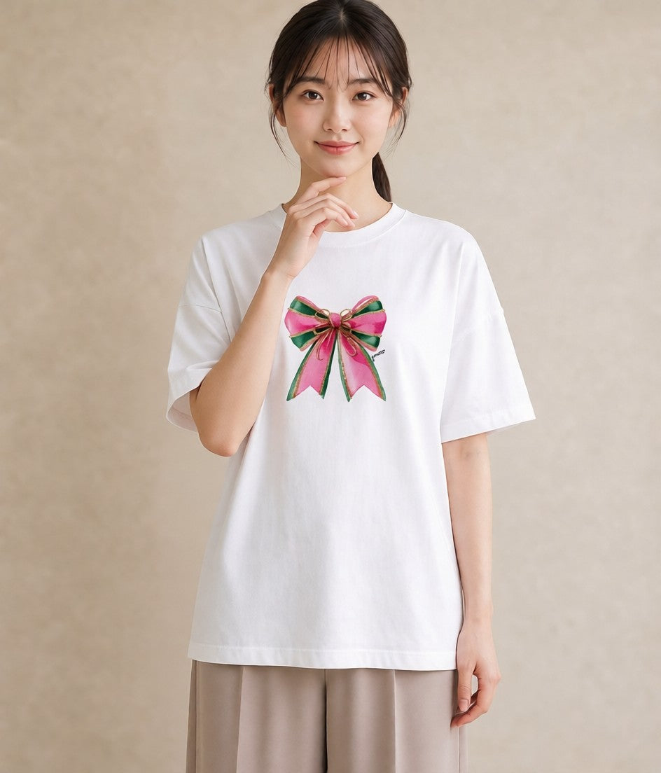 プリントTシャツ レディース リボン 蝶結び ナチュラル アンティーク イラスト こなれ感 ママ カフェ服 白T