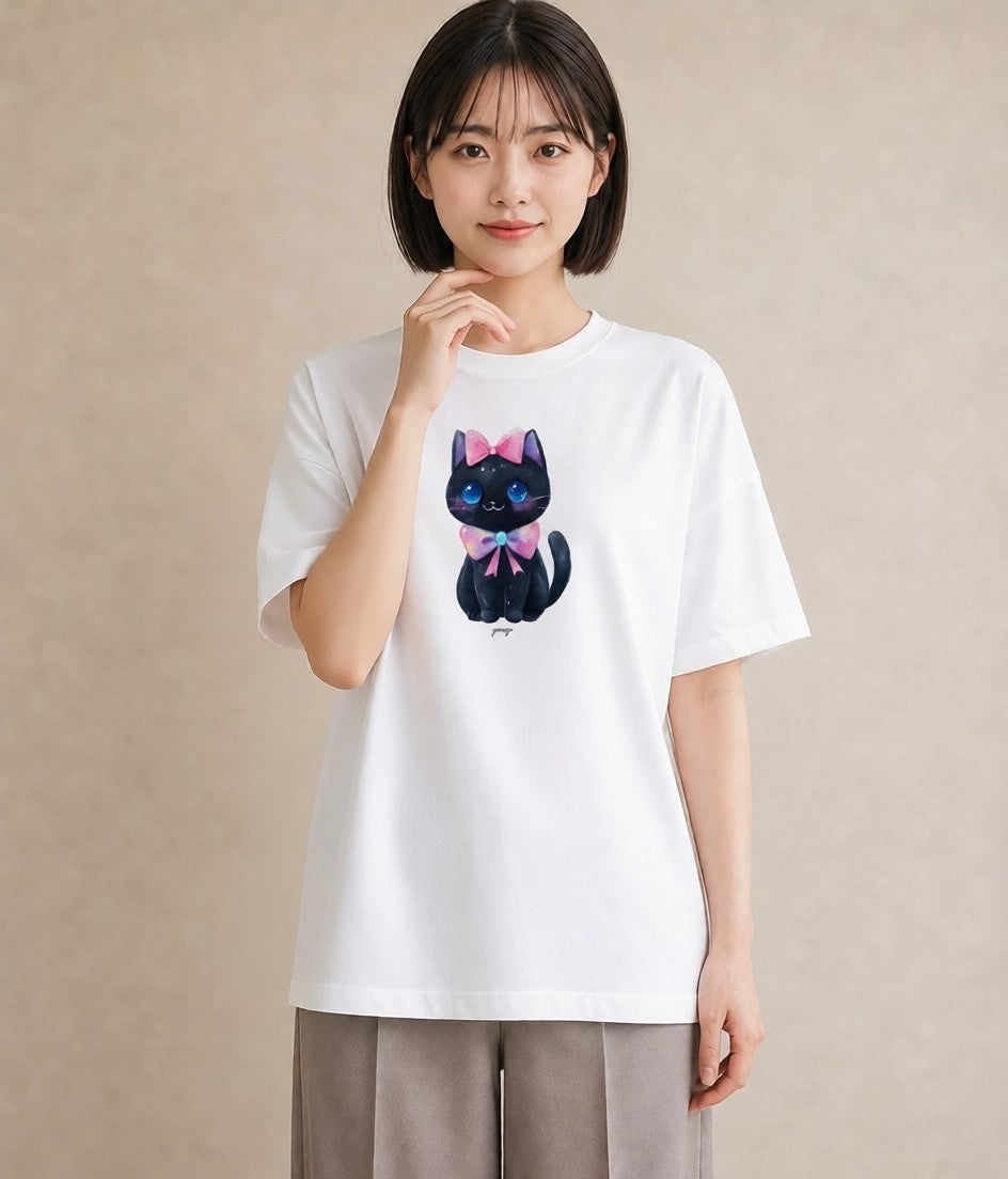 プリントTシャツ レディース 黒猫 猫 ねこ イラスト 線画 公園 ママ 白T