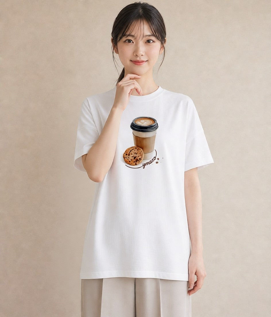 Tシャツ レディース カフェラテ 食べ物 フード イラスト 線画 春服 ミセス 白T
