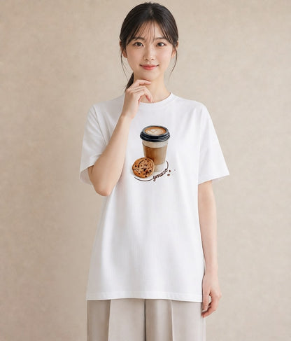 Tシャツ レディース カフェラテ 食べ物 フード イラスト 線画 春服 ミセス 白T
