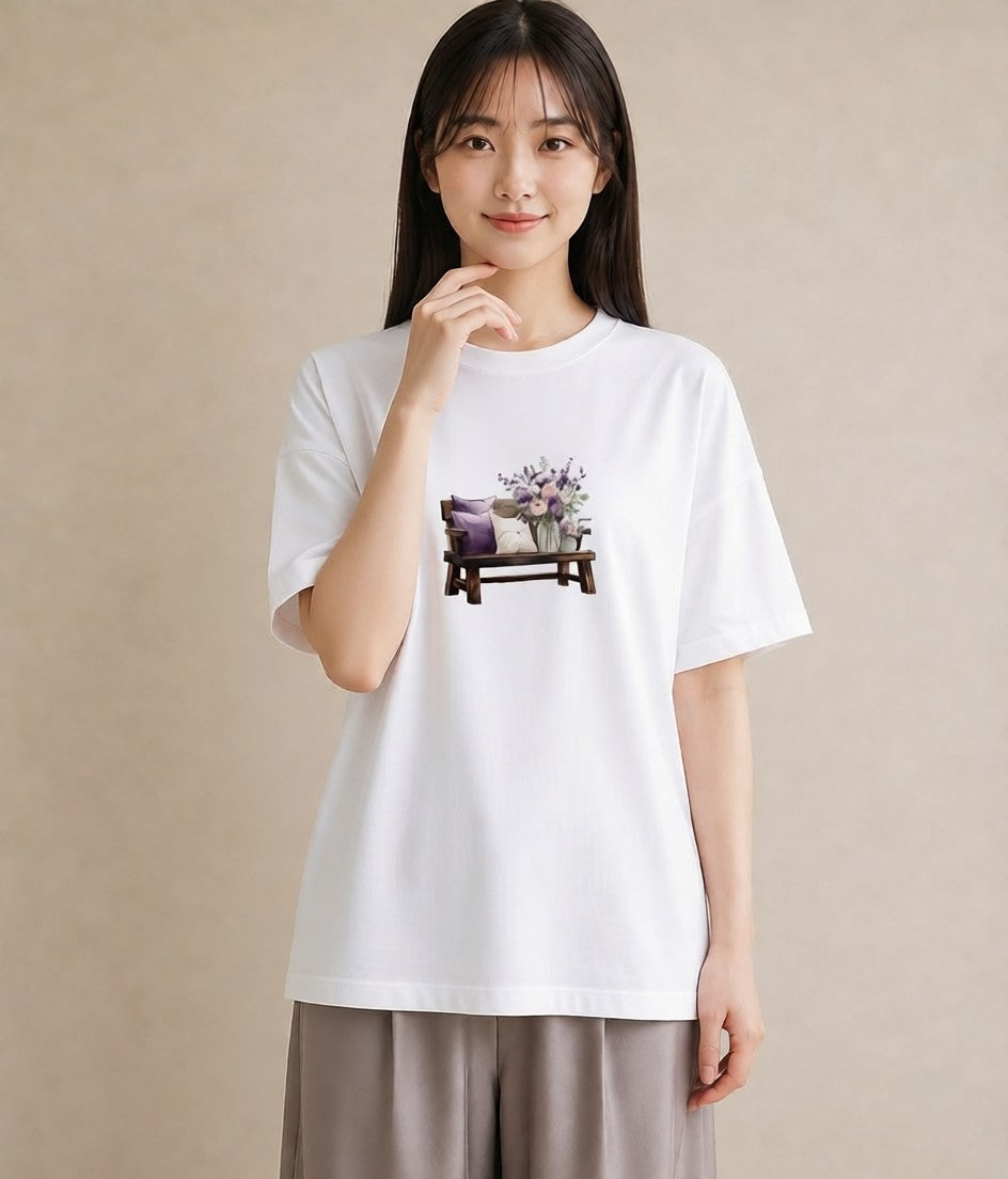 Tシャツ レディース 雨上がりのベンチ ベンチ ナチュラル アンティーク イラスト ミニマル 自分用 ルームウェア 白T