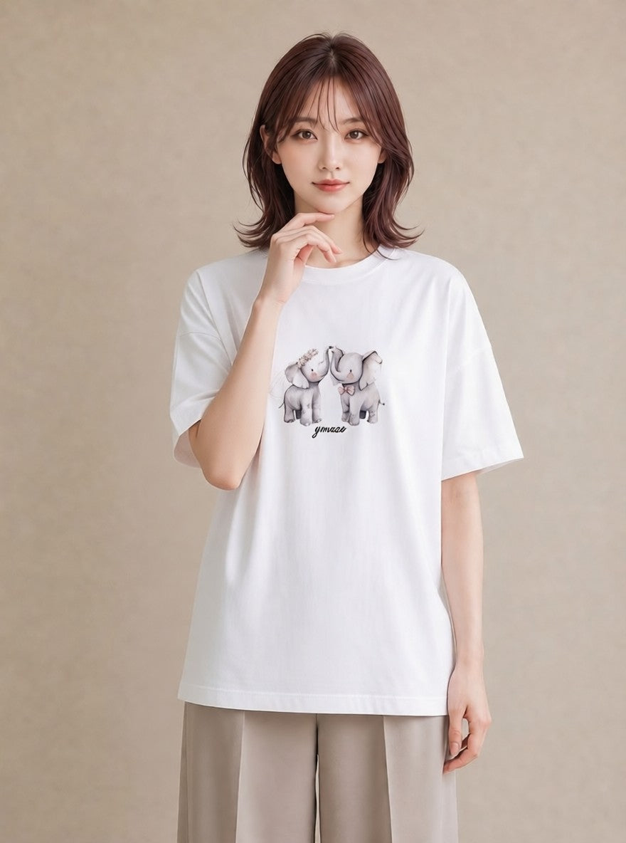 プリントTシャツ レディース ぞう 動物 アニマル イラスト ゆるかわ カフェ巡り 女子会 白T