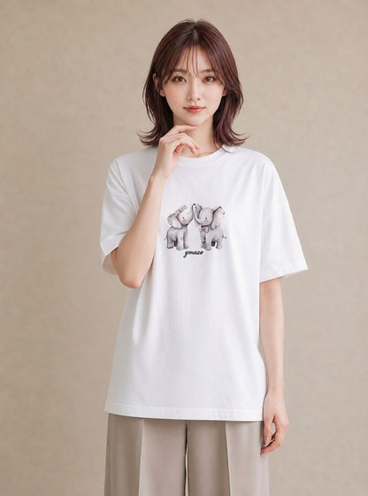 プリントTシャツ レディース ぞう 動物 アニマル イラスト ゆるかわ カフェ巡り 女子会 白T