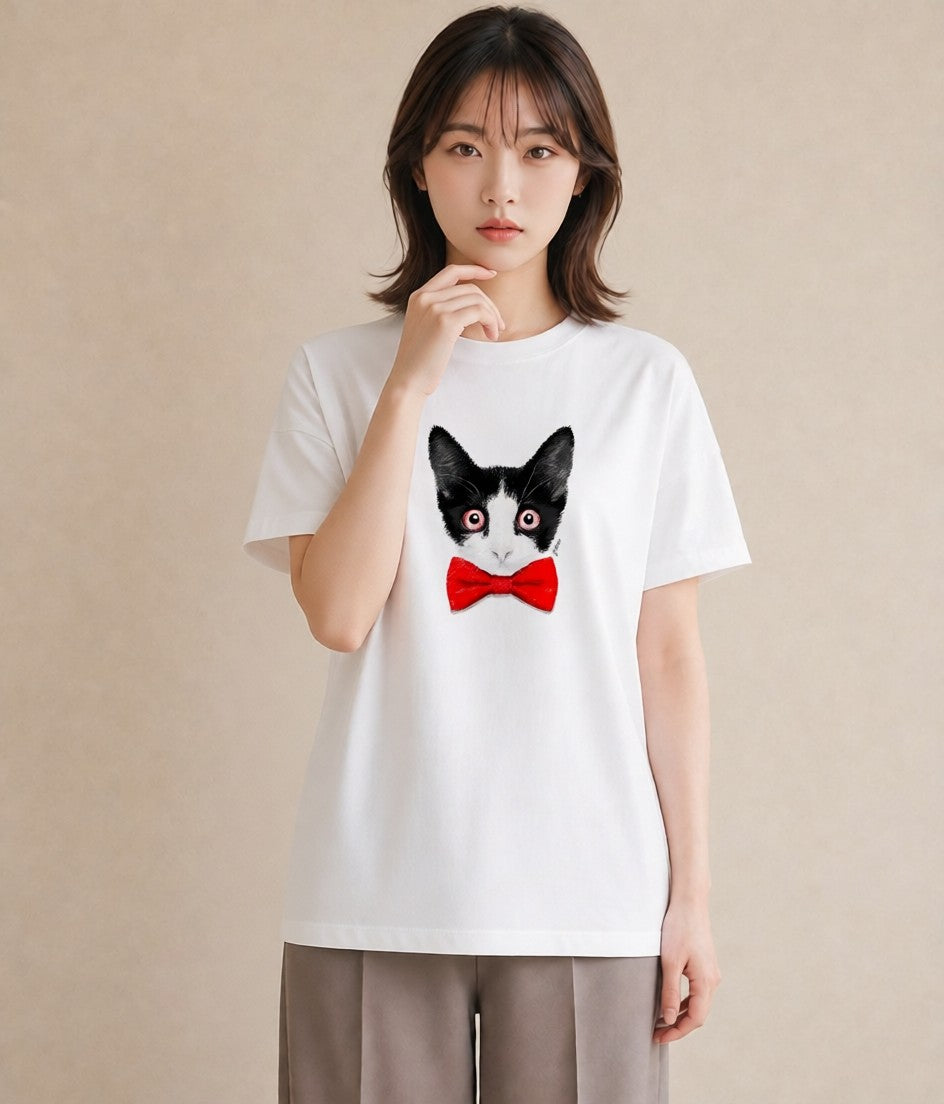 デザインTシャツ レディース ハチワレ 白黒猫 猫 ねこ イラスト シック 送別ギフト 通勤 白T