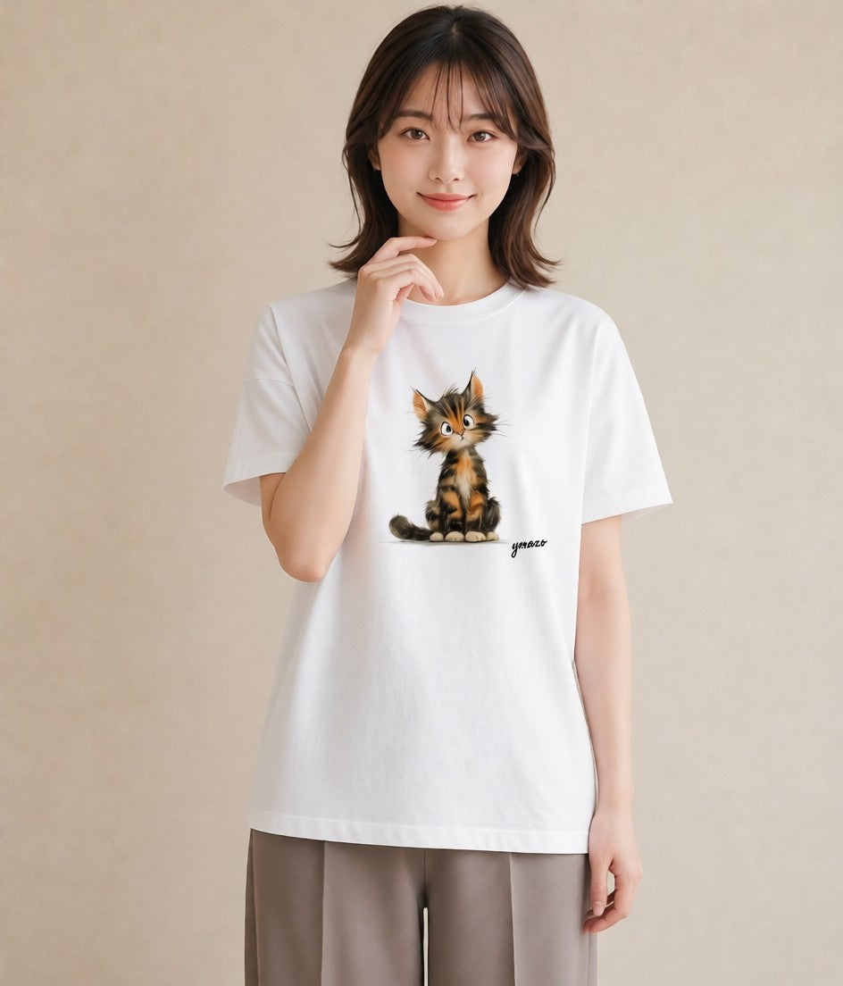 デザインTシャツ レディース 三毛猫 みけねこ 三毛 猫 ねこ イラスト 手描き風 お出かけ 普段着 白T