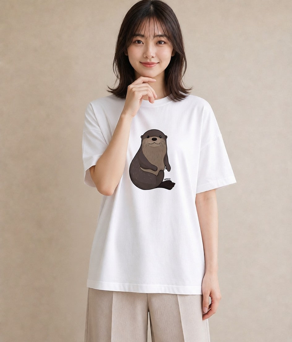 デザインTシャツ レディース ラッコ 動物 アニマル イラスト シンプル 海 カフェ巡り 白T