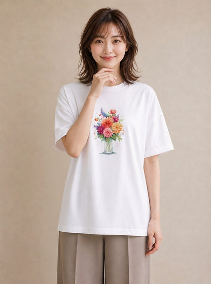 Tシャツ レディース ポスト 野の花 レトロ ナチュラル アンティーク イラスト 淡色 カフェ服 クリスマス 白T