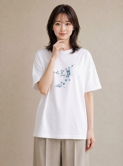 グラフィックTシャツ レディース 洗濯物 風 ナチュラル アンティーク イラスト こなれ感 夏コーデ 通学 白T