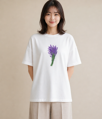 デザインTシャツ レディース ラベンダー 花 花柄 イラスト 個性的 カフェ服 クリスマス 白T