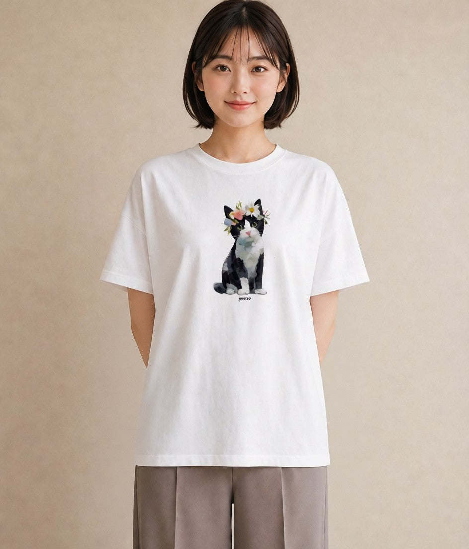 デザインTシャツ レディース 靴下猫 猫 ねこ イラスト ゆるコーデ 通勤 在宅 白T