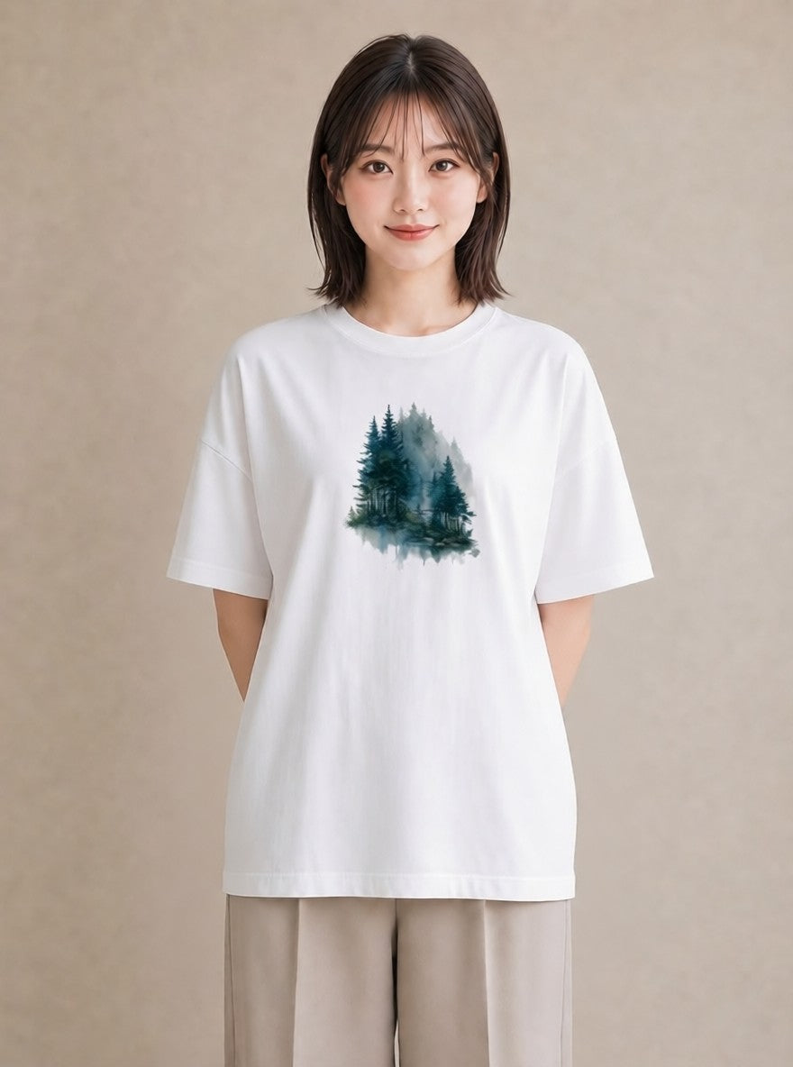 グラフィックTシャツ レディース 青の水彩 風景 ブルー ナチュラル アンティーク イラスト アート風 旅行用 海 白T