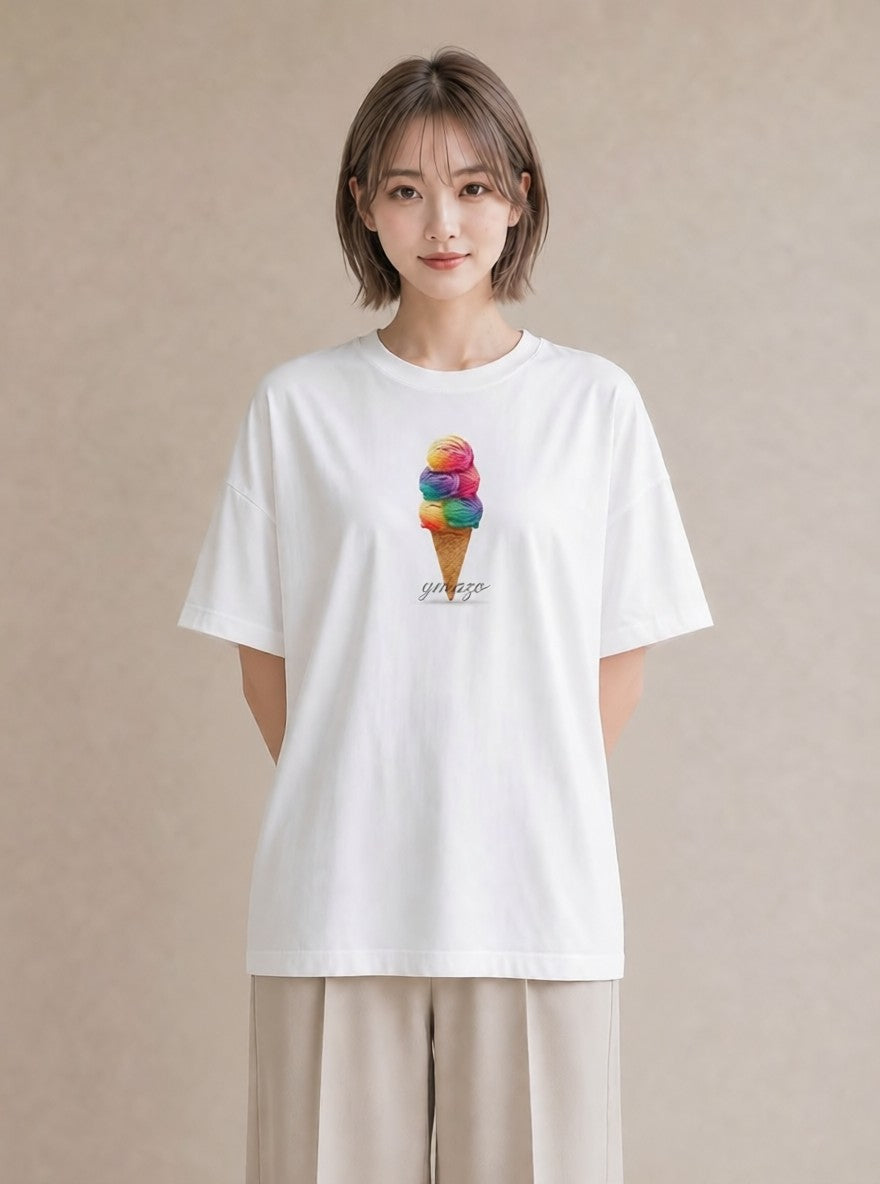 グラフィックTシャツ レディース ソフトクリーム 食べ物 フード イラスト 線画 普段着 週末コーデ 白T