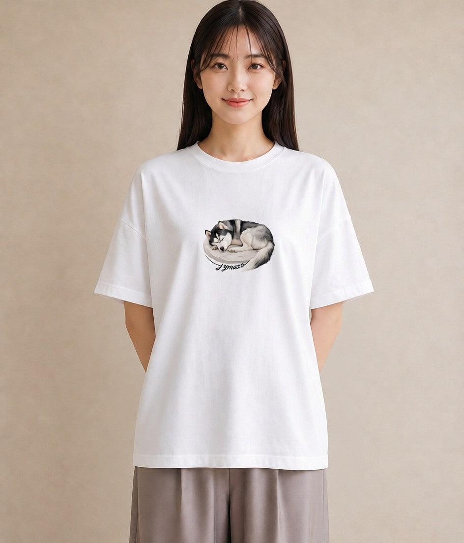 プリントTシャツ レディース シベリアンハスキー 犬 いぬ イラスト 旅行コーデ 社会人 女性 白T