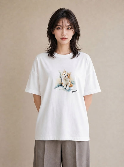 デザインTシャツ レディース サバトラ 猫 ねこ イラスト シック 母の日 ビーチ 白T