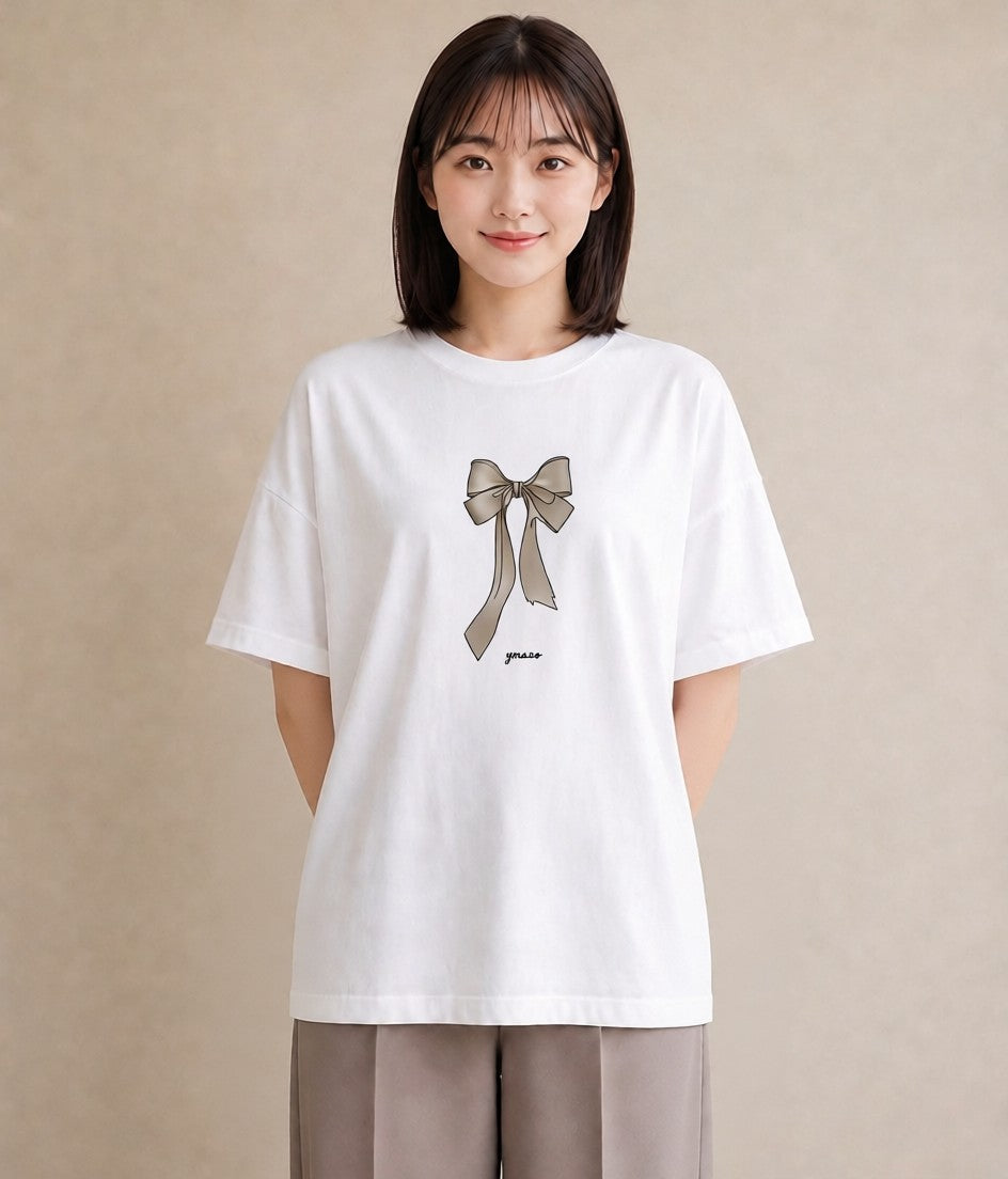 プリントTシャツ レディース リボン ボウ りぼん イラスト モード ホワイトデー 春服 白T