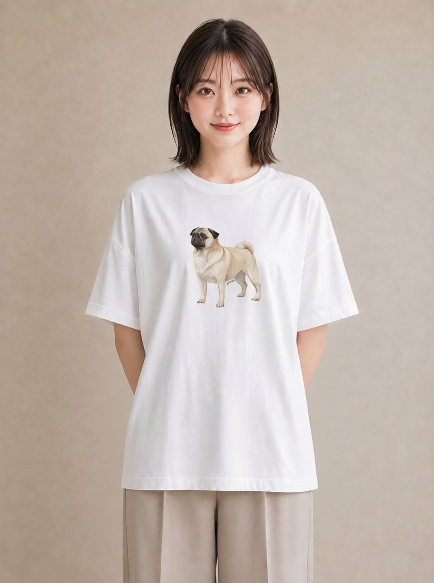 グラフィックTシャツ レディース パグ 犬 いぬ イラスト 旅行コーデ 春服 ミセス 白T
