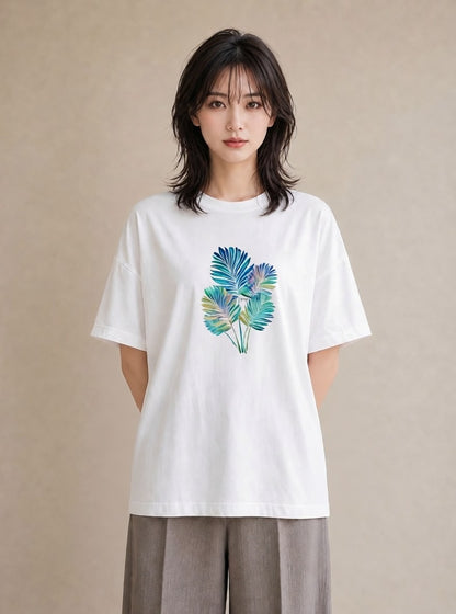 Tシャツ レディース モンステラ 植物 ボタニカル イラスト 韓国風 綿100 デート 白T