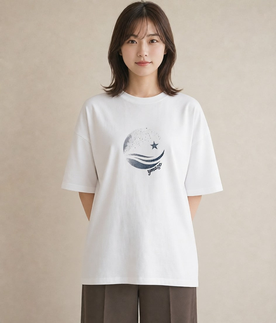 グラフィックTシャツ レディース 月と星 星空 ムーン イラスト 淡色 散歩 お出かけ 白T