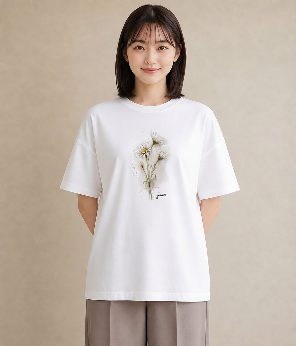 デザインTシャツ レディース マーガレット 花 花柄 イラスト 淡色 自分用 ルームウェア 白T