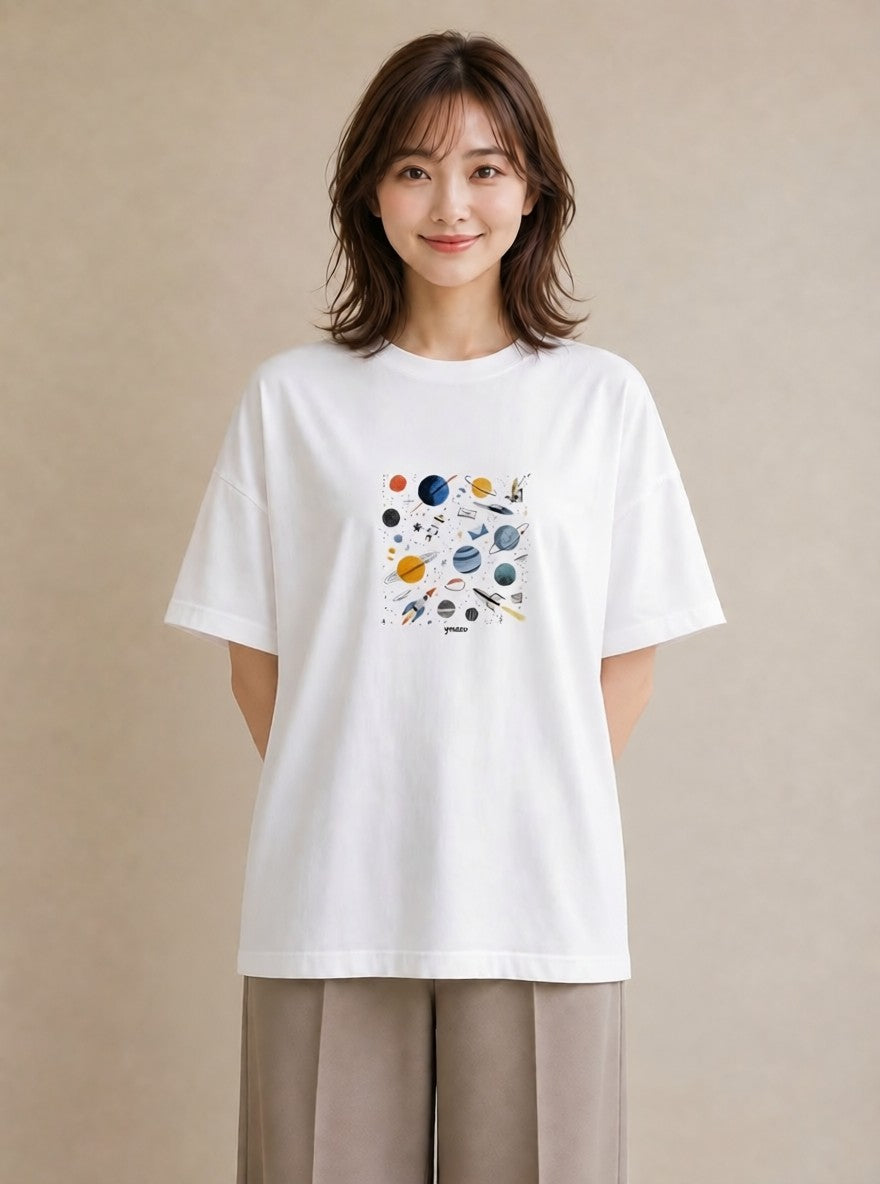 プリントTシャツ レディース 惑星 星空 宇宙 イラスト シンプル 誕生日プレゼント 綿100 白T