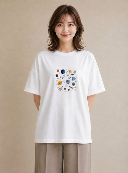 プリントTシャツ レディース 惑星 星空 宇宙 イラスト シンプル 誕生日プレゼント 綿100 白T