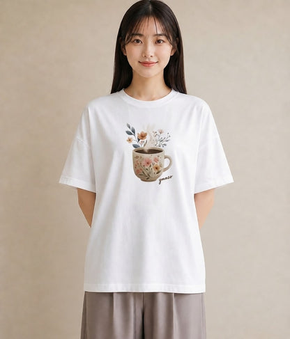 デザインTシャツ レディース コーヒー 珈琲 カフェ 食べ物 フード イラスト 海 カフェ巡り 白T