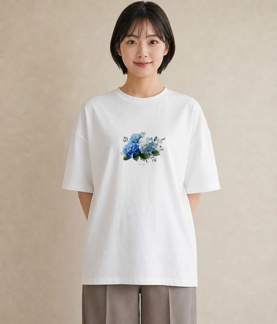 デザインTシャツ レディース あじさい 紫陽花 アジサイ 花 花柄 イラスト シンプル デイリーウェア 休日 白T