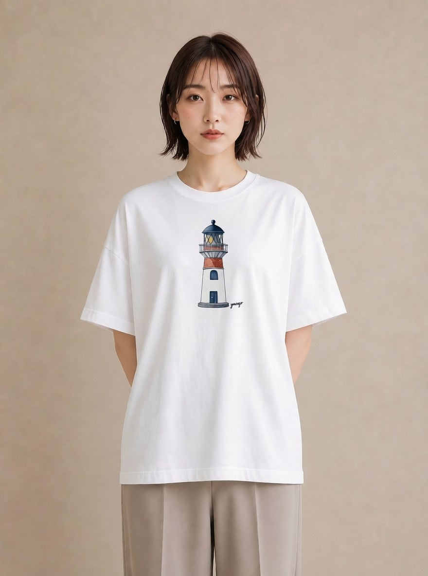 Tシャツ レディース 灯台 霧 海 ナチュラル アンティーク イラスト お洒落 カジュアルコーデ 買い物 白T
