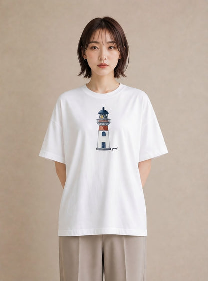Tシャツ レディース 灯台 霧 海 ナチュラル アンティーク イラスト お洒落 カジュアルコーデ 買い物 白T