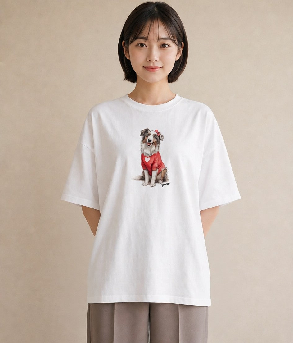 デザインTシャツ レディース ボーダーコリー 犬 いぬ イラスト アート風 カフェ服 クリスマス 白T