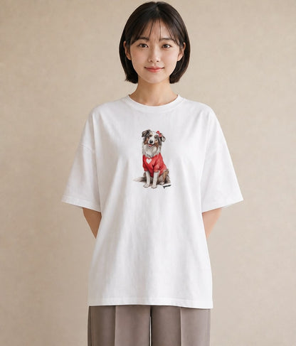 デザインTシャツ レディース ボーダーコリー 犬 いぬ イラスト アート風 カフェ服 クリスマス 白T