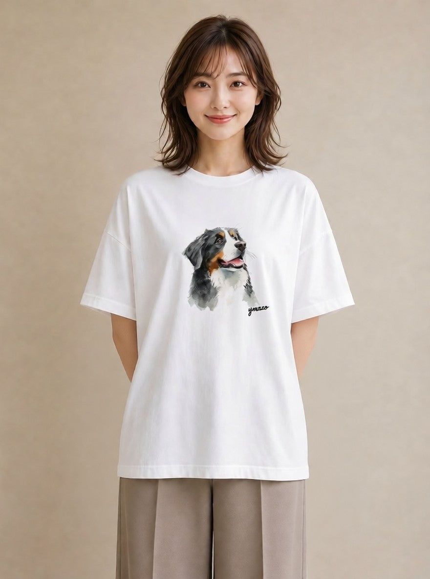 半袖Tシャツ レディース バーニーズマウンテンドッグ 犬 いぬ イラスト ユニーク 買い物 夏コーデ 白T