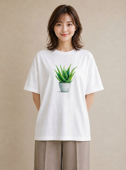 プリントTシャツ レディース サボテン 植物 ボタニカル イラスト カフェコーデ 夏コーデ 通学 白T