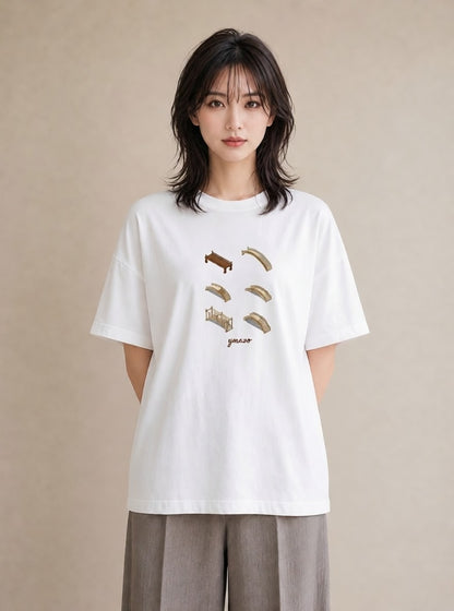 デザインTシャツ レディース 小川 橋 せせらぎ ナチュラル アンティーク イラスト 北欧風 海 カフェ巡り 白T