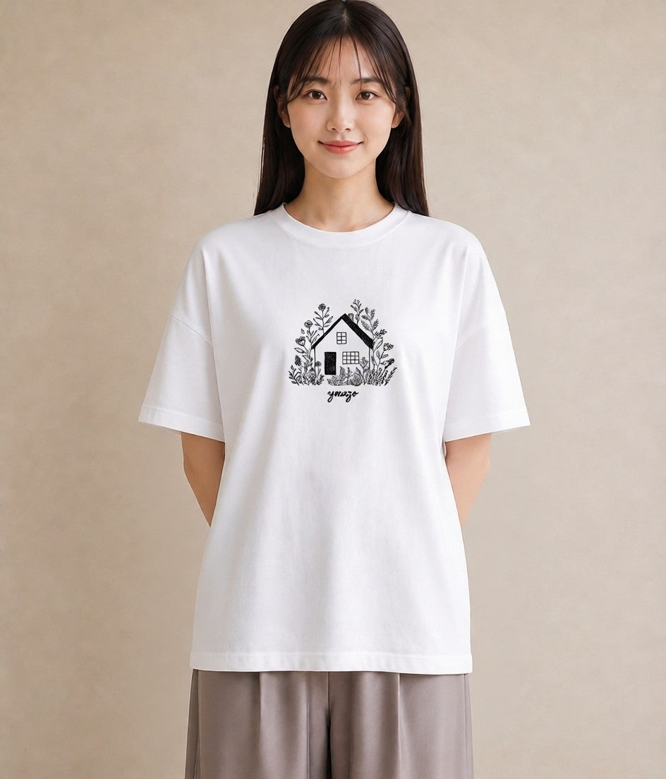 半袖Tシャツ レディース 湖畔の小屋 湖 小屋 ナチュラル アンティーク イラスト レトロ 秋コーデ おしゃれギフト 白T