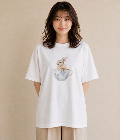 プリントTシャツ レディース ウサギ系野生 動物 アニマル イラスト 線画 友達ギフト 部屋着 白T
