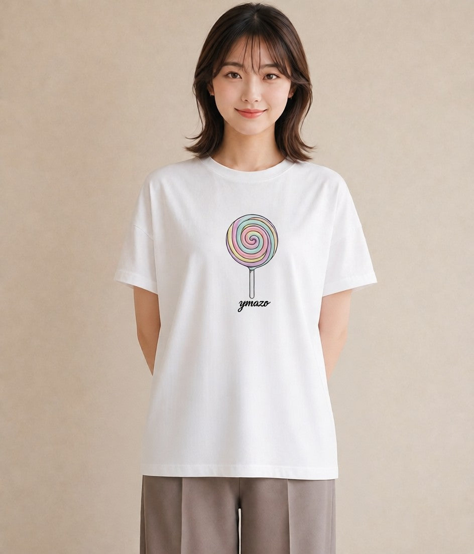 プリントTシャツ レディース キャンディ 食べ物 フード イラスト 北欧風 散歩 お出かけ 白T