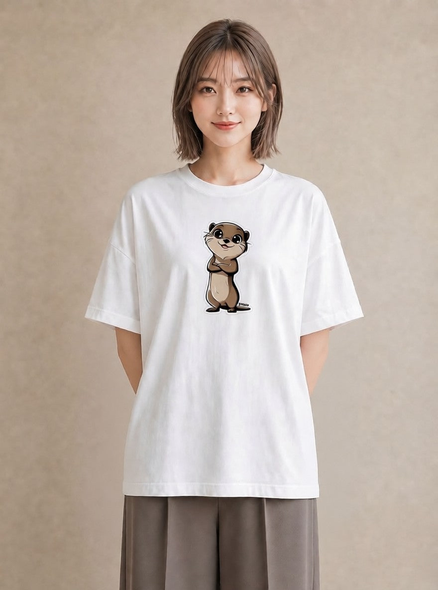 グラフィックTシャツ レディース コツメカワウソ 動物 アニマル イラスト ガーリー ラフ レイヤード 白T