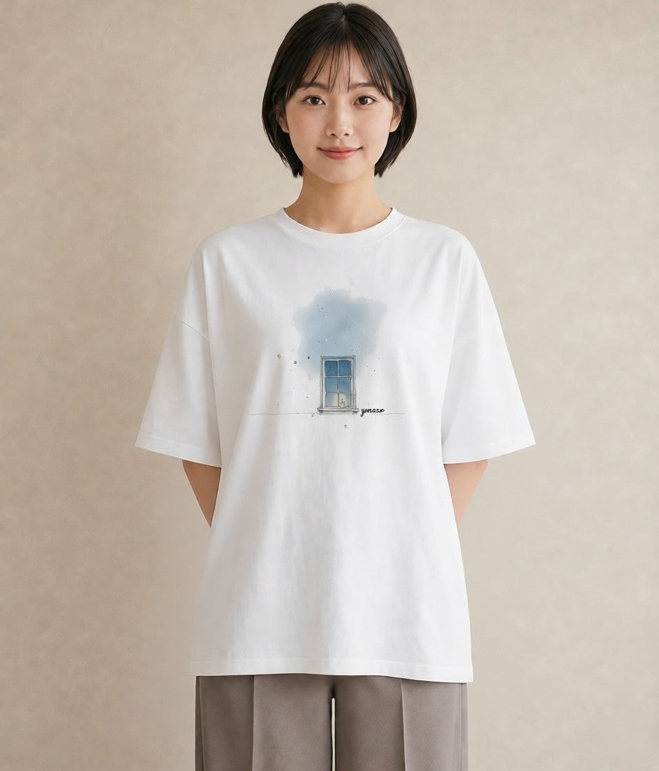 Tシャツ レディース 窓辺の雨 雨の日 窓 ナチュラル アンティーク イラスト 淡色 秋コーデ おしゃれギフト 白T